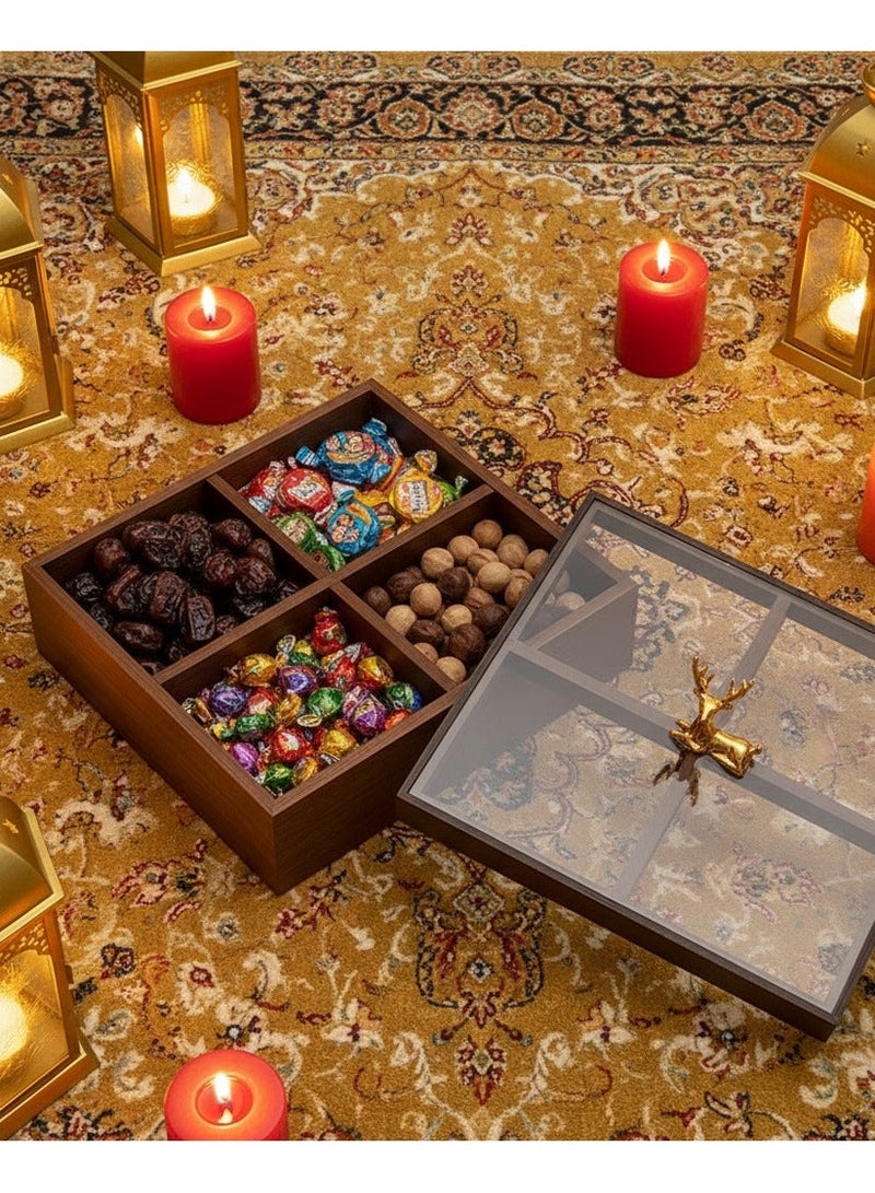 Solid Wood Dates Box with 4 Grids - Gold Deer Accent & Frosted Glass Cover, Ramadan Serving Storage for Dates/Candy,home decor - Image 1